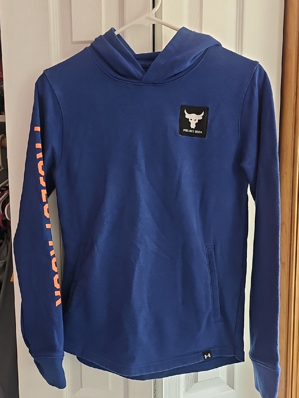 Under Armour Royal Blue Hooded Sweatshirt with Orange Sleeve Lettering